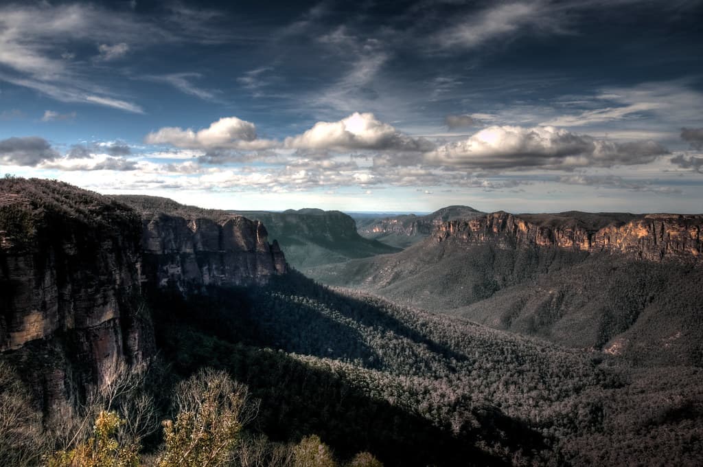 Blue Mountains escarpment from above — the setting of Scenic World Katoomba