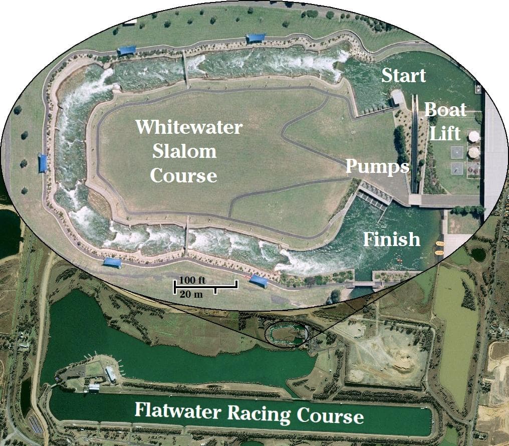 Aerial view of Penrith Whitewater Stadium — the Olympic whitewater kayak and canoe venue on the Nepean River