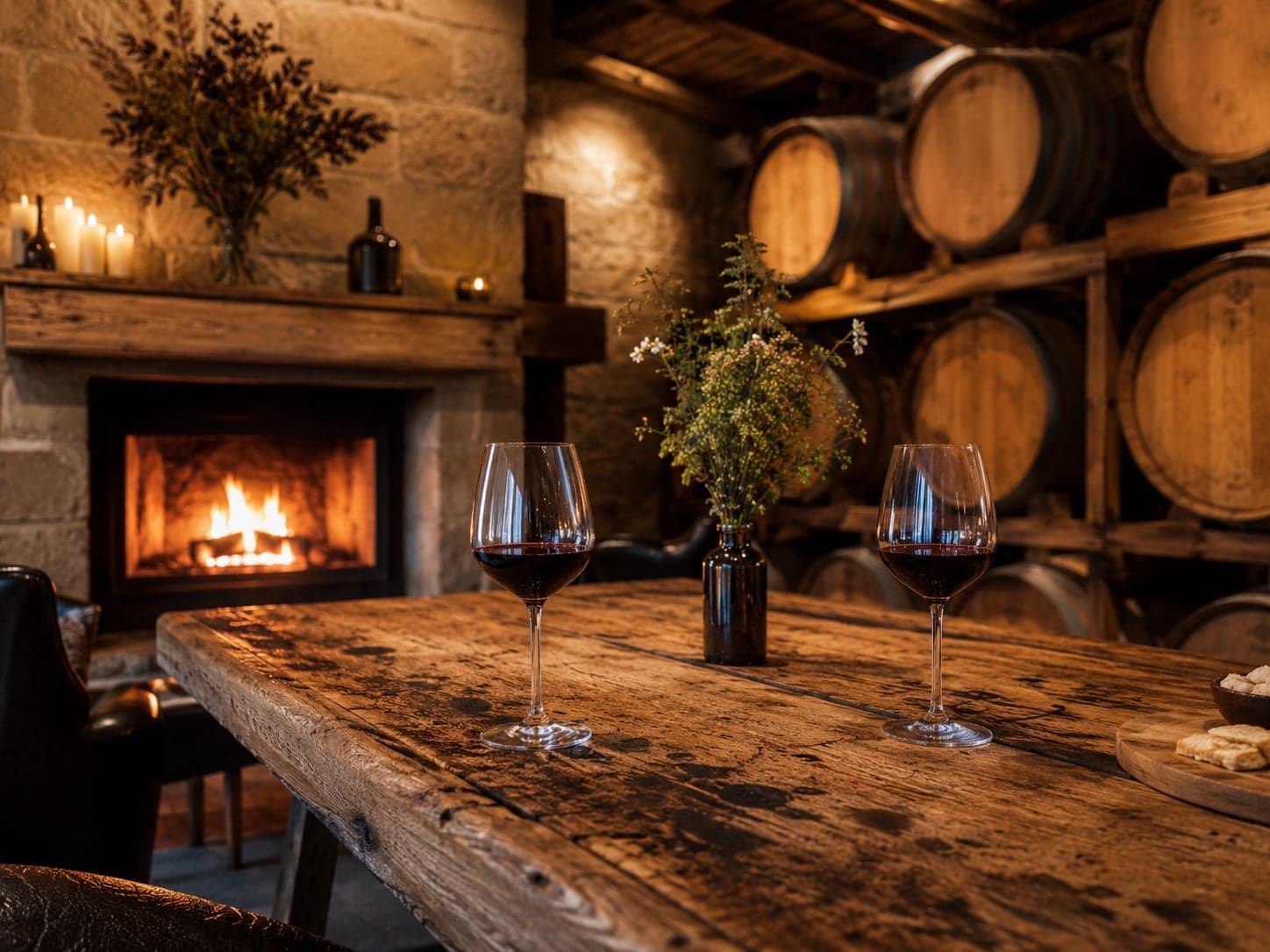 Rustic Hunter Valley winery cellar door in winter — red wine glasses and fireplace glow