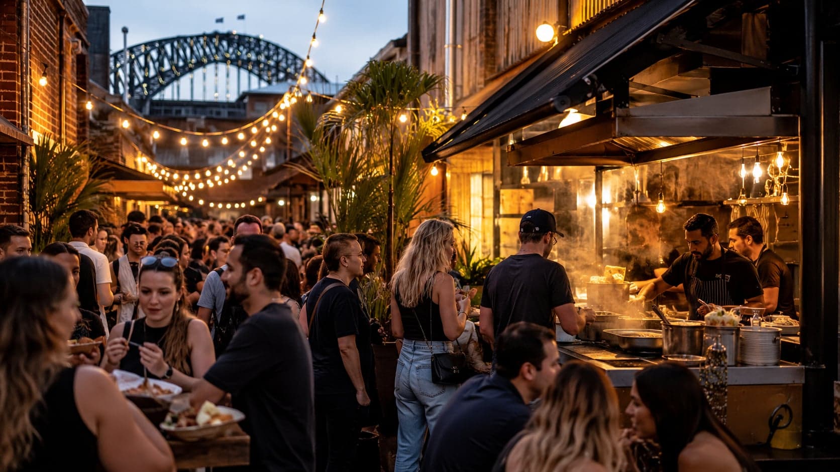 Vibrant Sydney harbour-view restaurant with outdoor seating and city skyline at dusk
